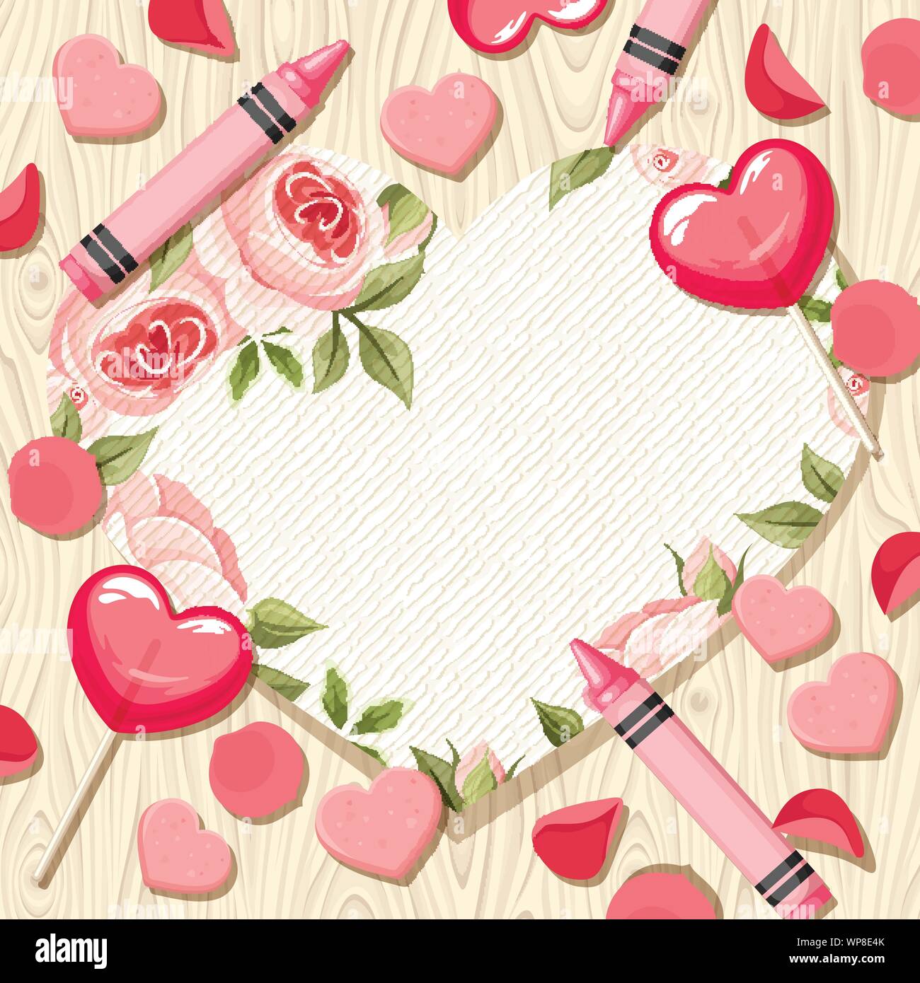 Vector Valentine heart card with candies and rose petals on a wooden ...