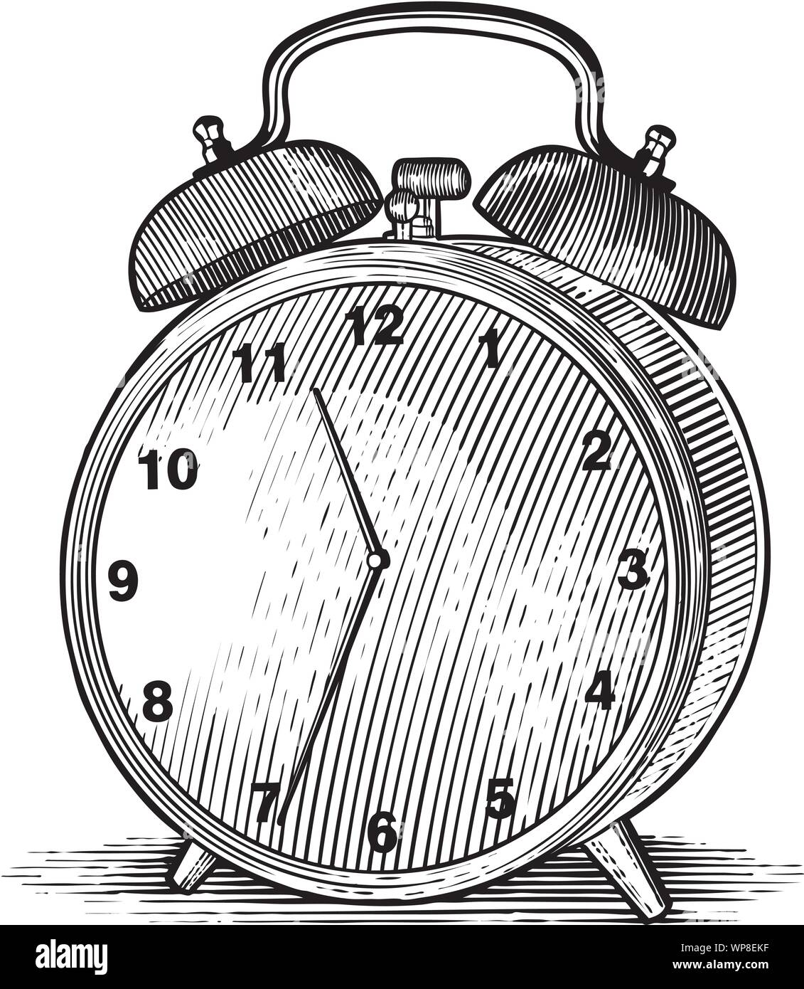 Woodcut-style illustration of an alarm clock. Stock Vector