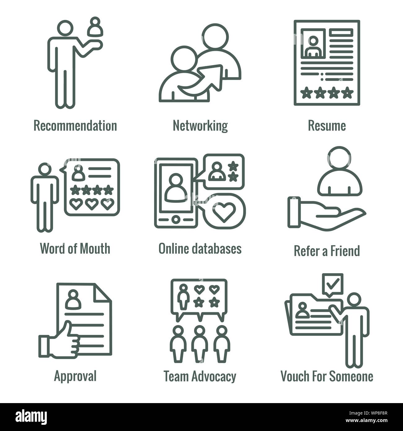 Employee Referral Process Icon Set with Networking, Recommendation, & reference Stock Vector