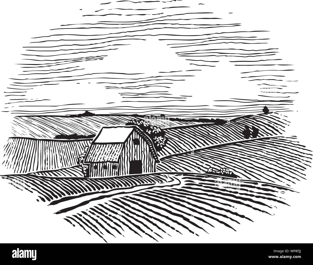 Woodcut Illustration of a farm with a road leading back to a barn Stock ...