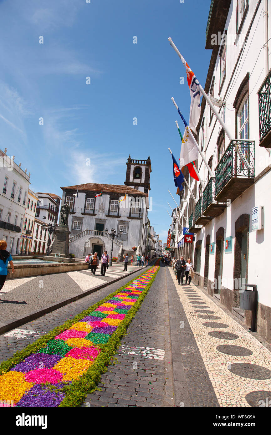 Downtown of portuguese city Ponta Delgada, with flower carpet, during Santo Cristo festivities. Sao Miguel island, Azores islands, Portugal. Stock Photo
