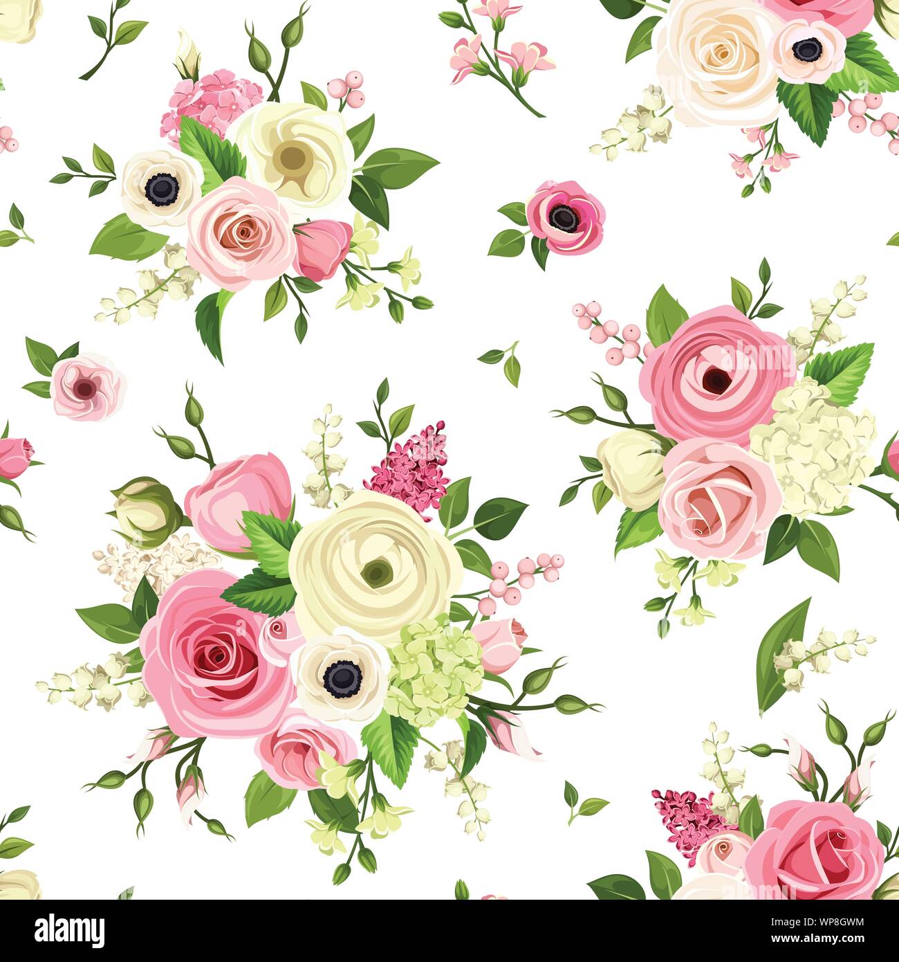 Vector seamless pattern with pink and white flowers on a white ...