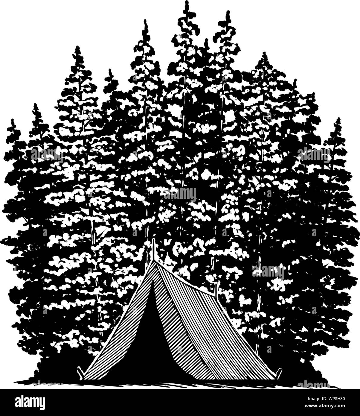 Woodcut-style illustration of a tent with trees in the background. Stock Vector