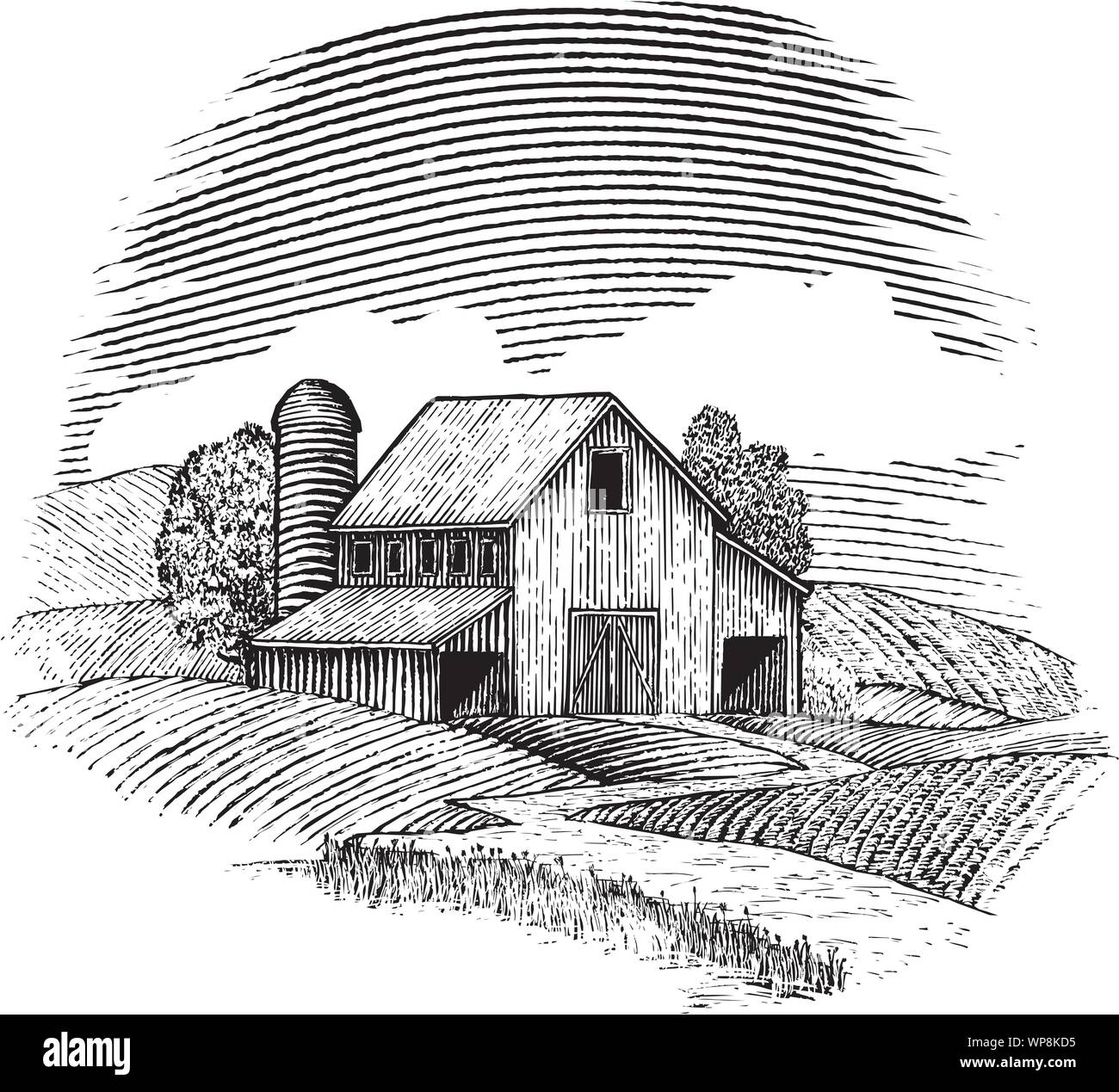 Woodcut illustration of a barn with rolling hills around it Stock Vector  Image & Art - Alamy