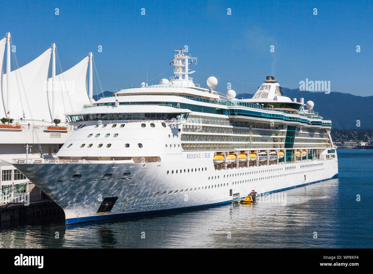 Radiance of the Seas cruise ship docked in Vancouver departing on an Alaskan cruise Stock Photo
