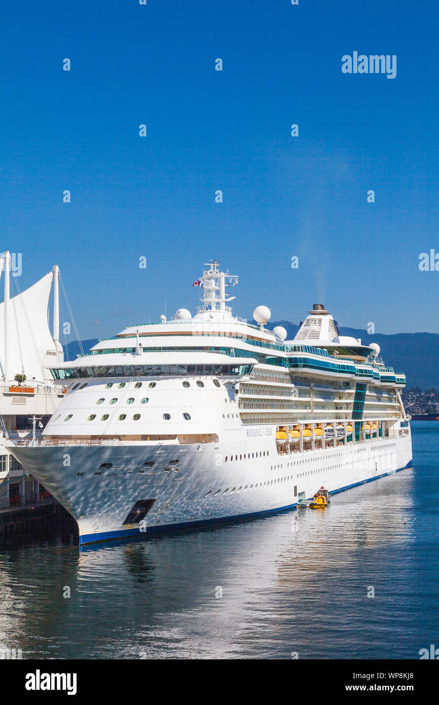 Radiance of the Seas cruise ship docked in Vancouver departing on an Alaskan cruise Stock Photo