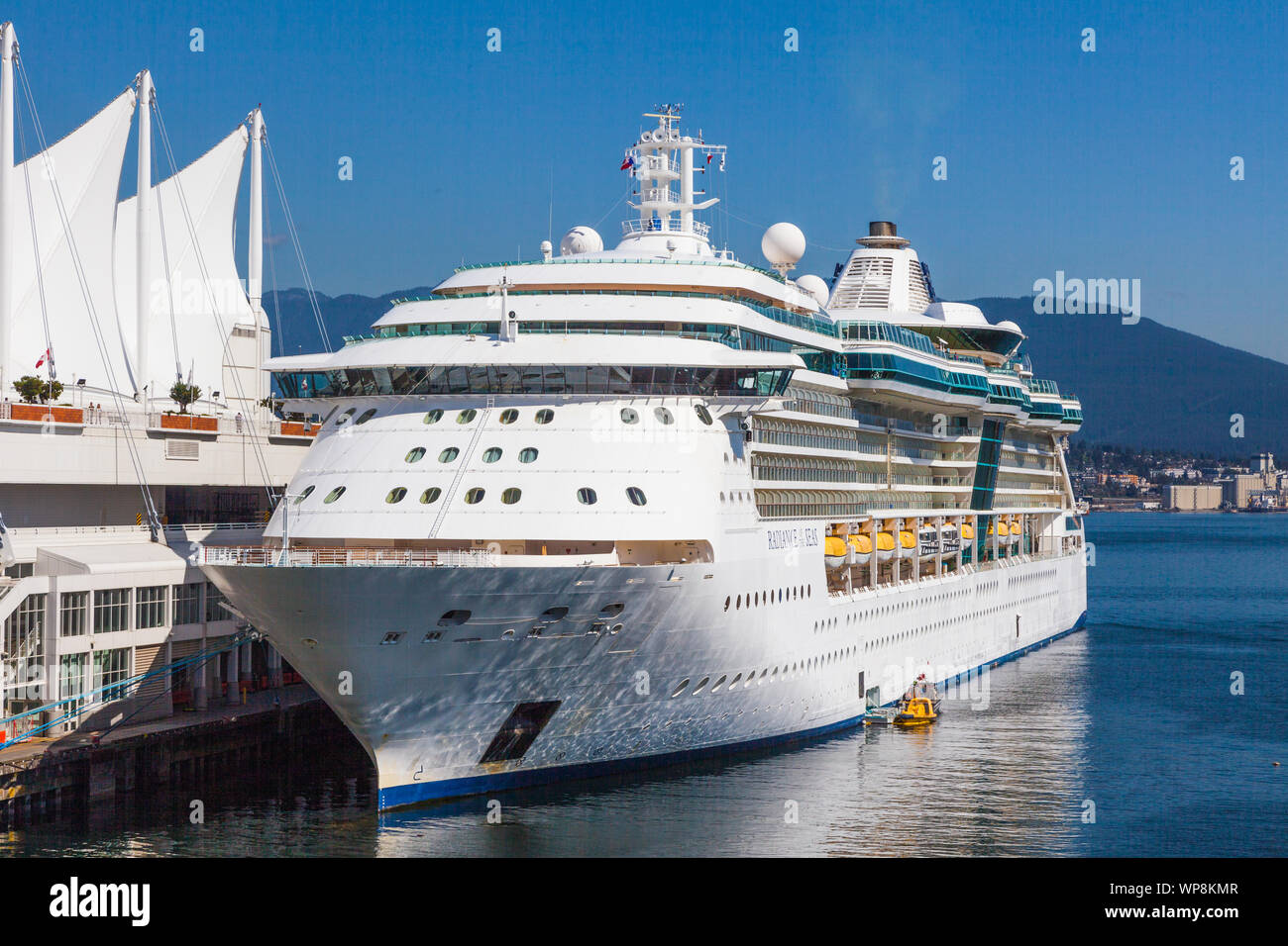 Radiance of the Seas cruise ship docked in Vancouver departing on an Alaskan cruise Stock Photo