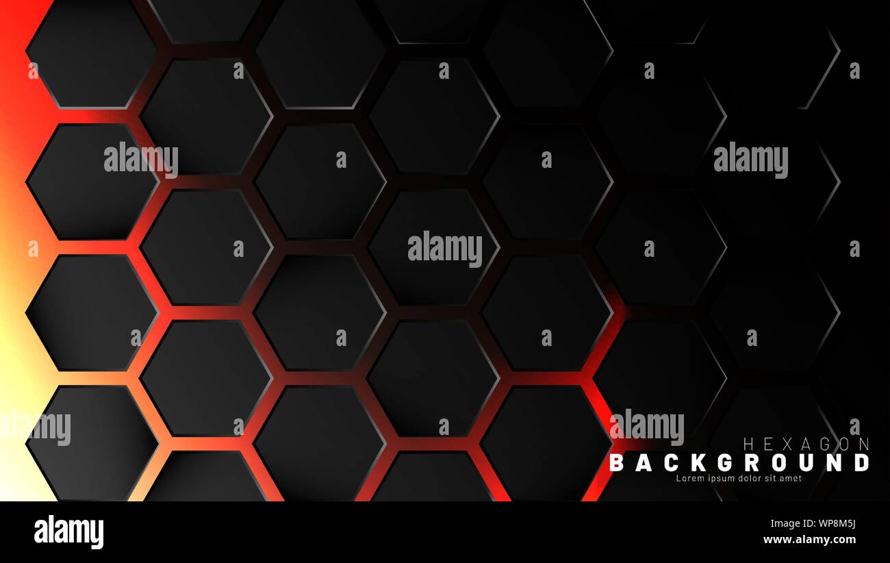 Abstract black hexagon pattern on neon gradient orange background ...