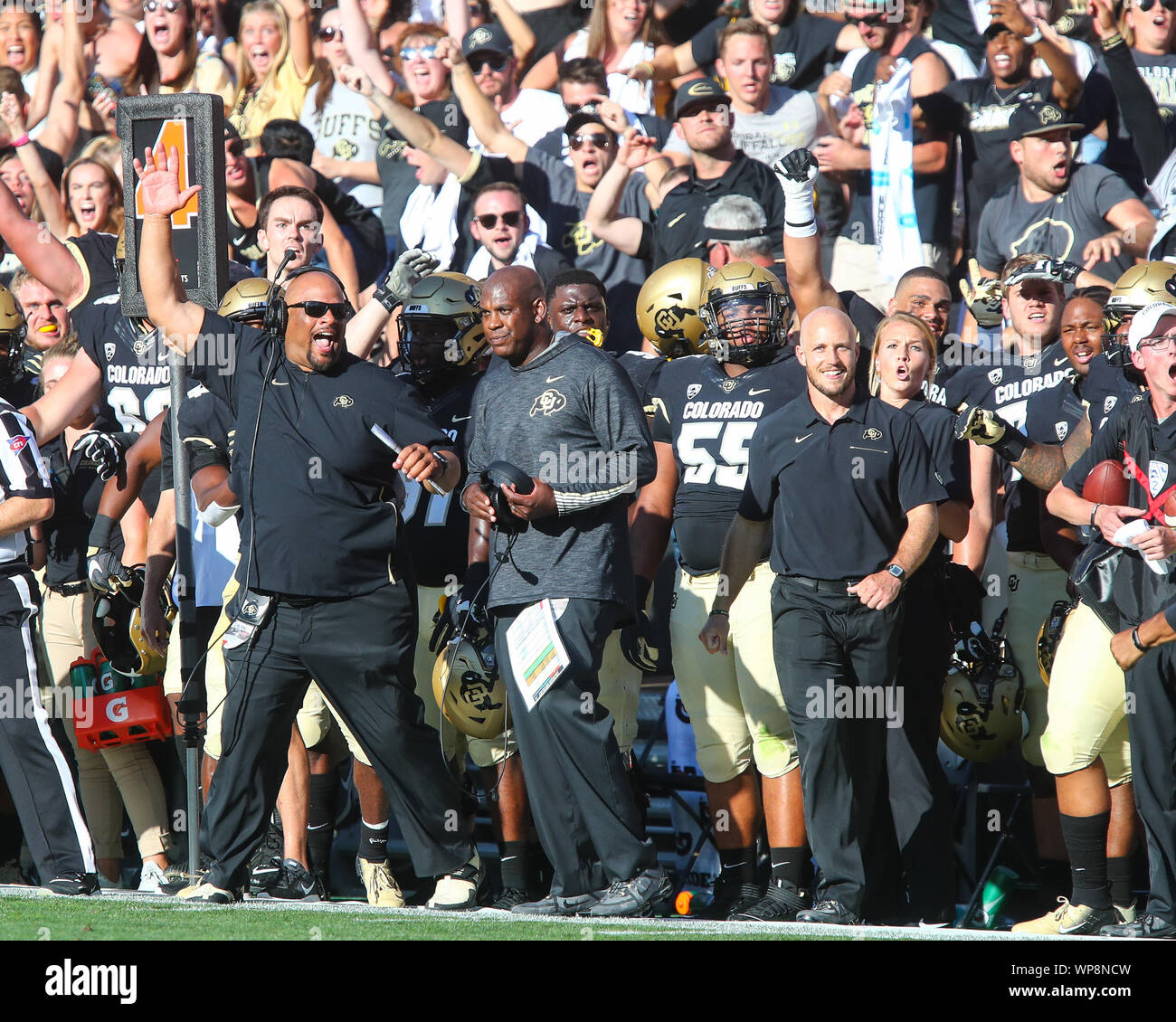 Ot. 7th Sep, 2019. The Colorado sideline and head coach Mel Tucker (middle) celebrate a missed field goal in overtime at Folsom Field in Boulder, CO. Colorado came from behind to defeat Nebraska 34-31 in OT. Derek Regensburger/CSM/Alamy Live News Stock Photo