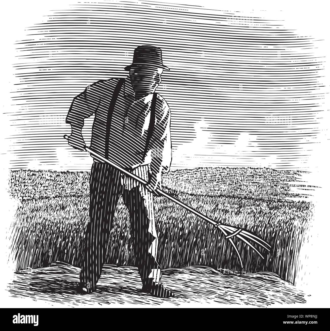 Woodcut illustration of a farmer working in a wheat field. Stock Vector
