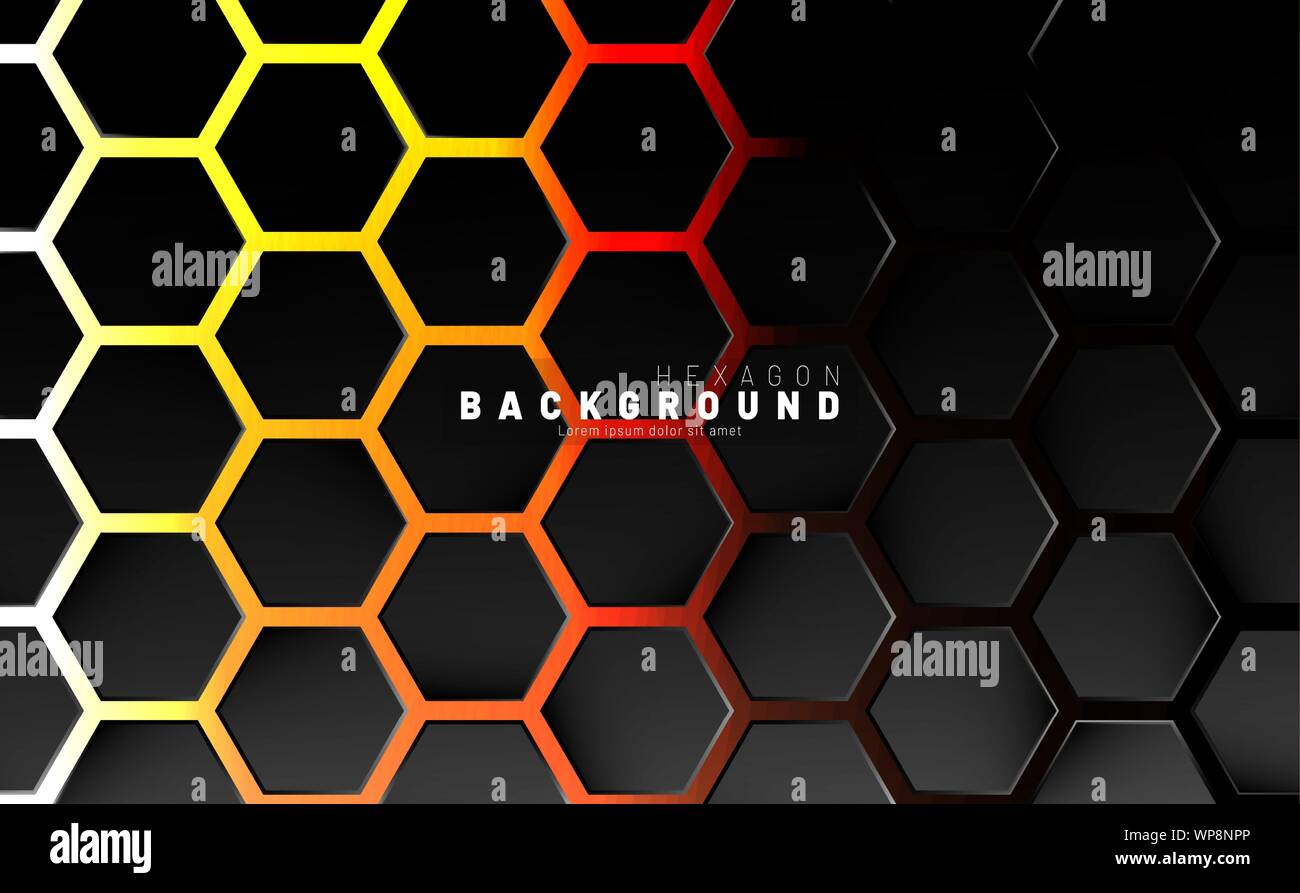 Abstract black hexagon pattern on neon gradient orange background ...