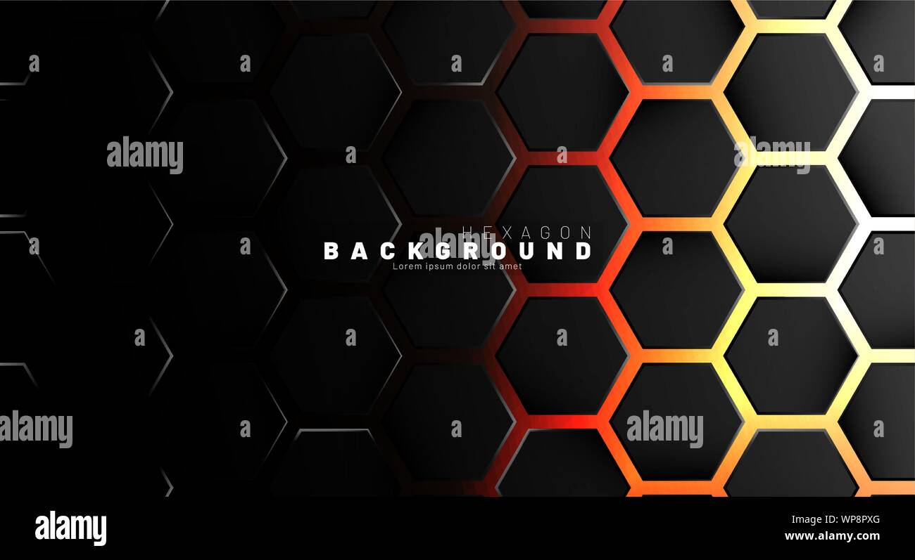 Abstract black hexagon pattern on neon gradient orange background ...
