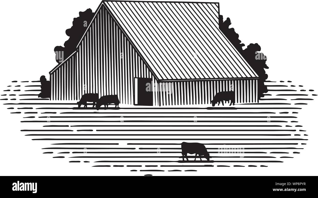 Woodcut illustration of a barn and cattle Stock Vector Image & Art - Alamy