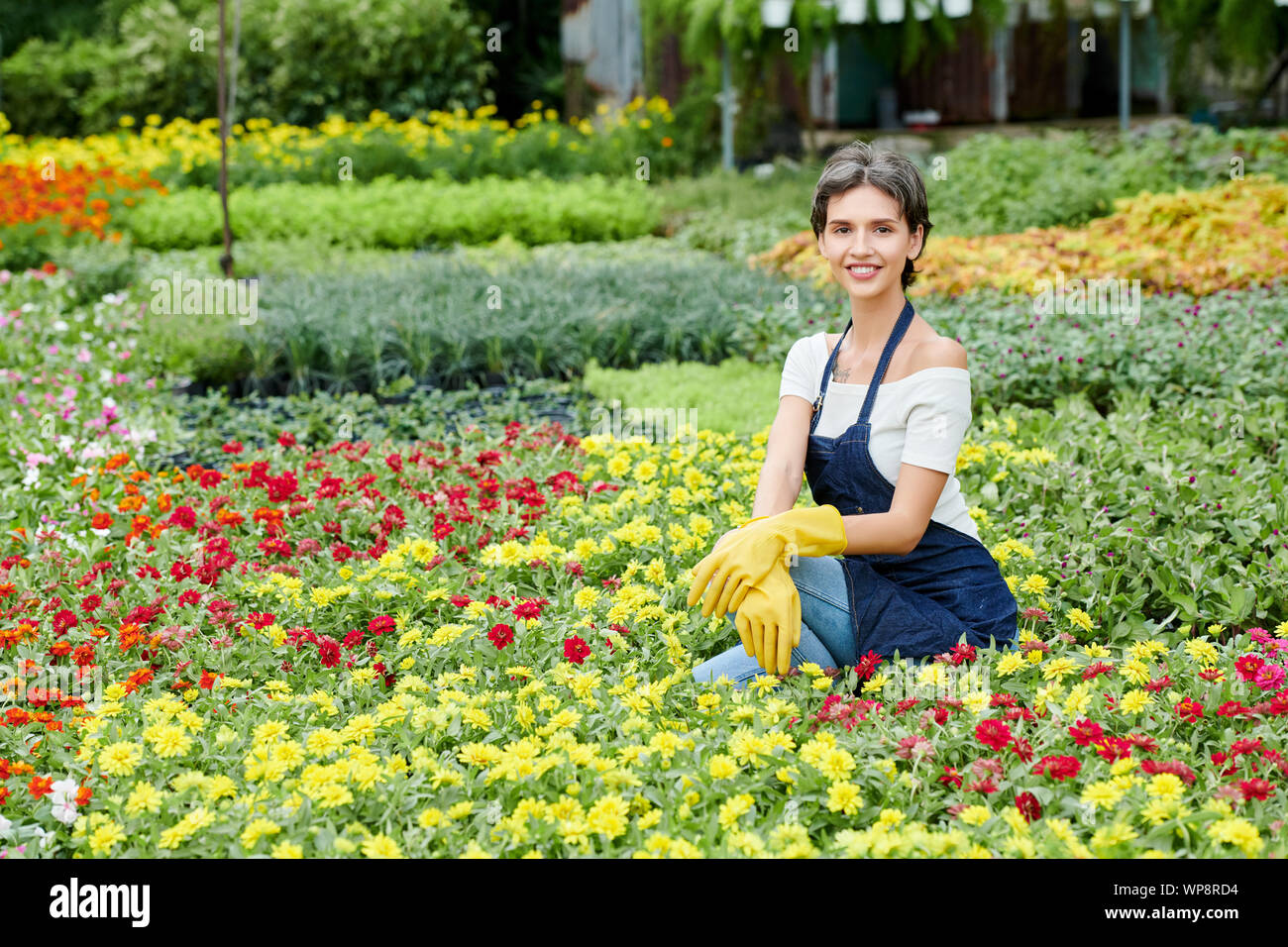 Happy young woman in apron and rubber glower enjoying spending time in her garden with many beautiful blooming flowers Stock Photo