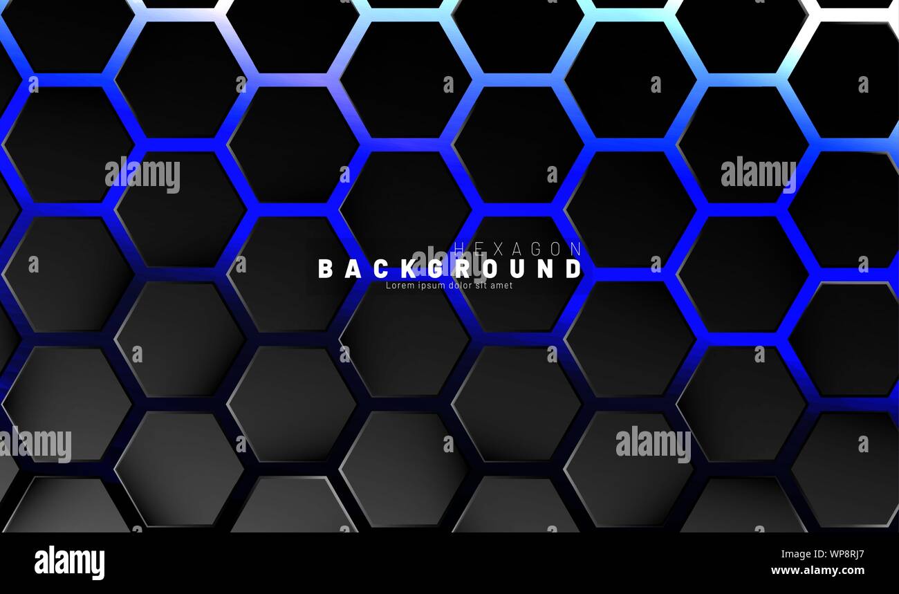 Abstract black hexagon pattern on blue neon background technology style ...