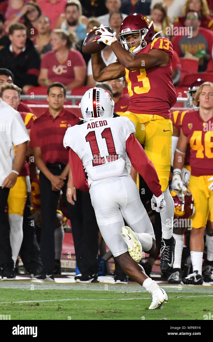 Los Angeles, CA. 7th Sep, 2019. USC Trojans wide receiver Munir McClain #13 catches the pass in action during the second quarter of the NCAA Football game between the USC Trojans and the Stanford Cardinal at the Coliseum in Los Angeles, California.Mandatory Photo Credit : Louis Lopez/CSM/Alamy Live News Stock Photo