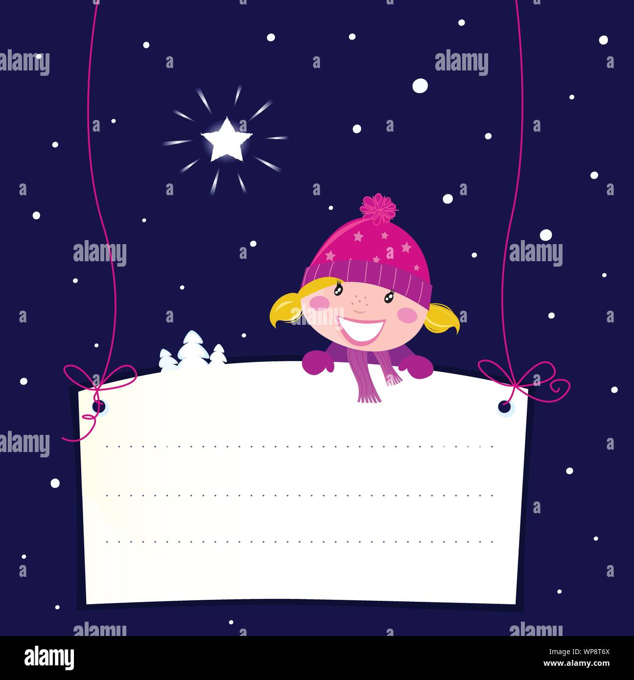 Cute Christmas Blond Hair Girl Holding A Blank Banner Label For
