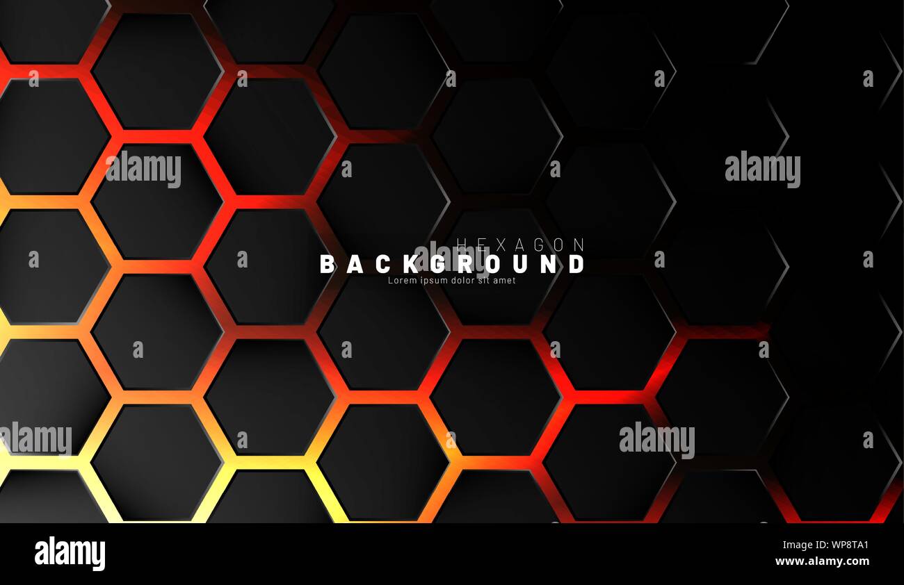 Abstract black hexagon pattern on neon gradient orange background ...