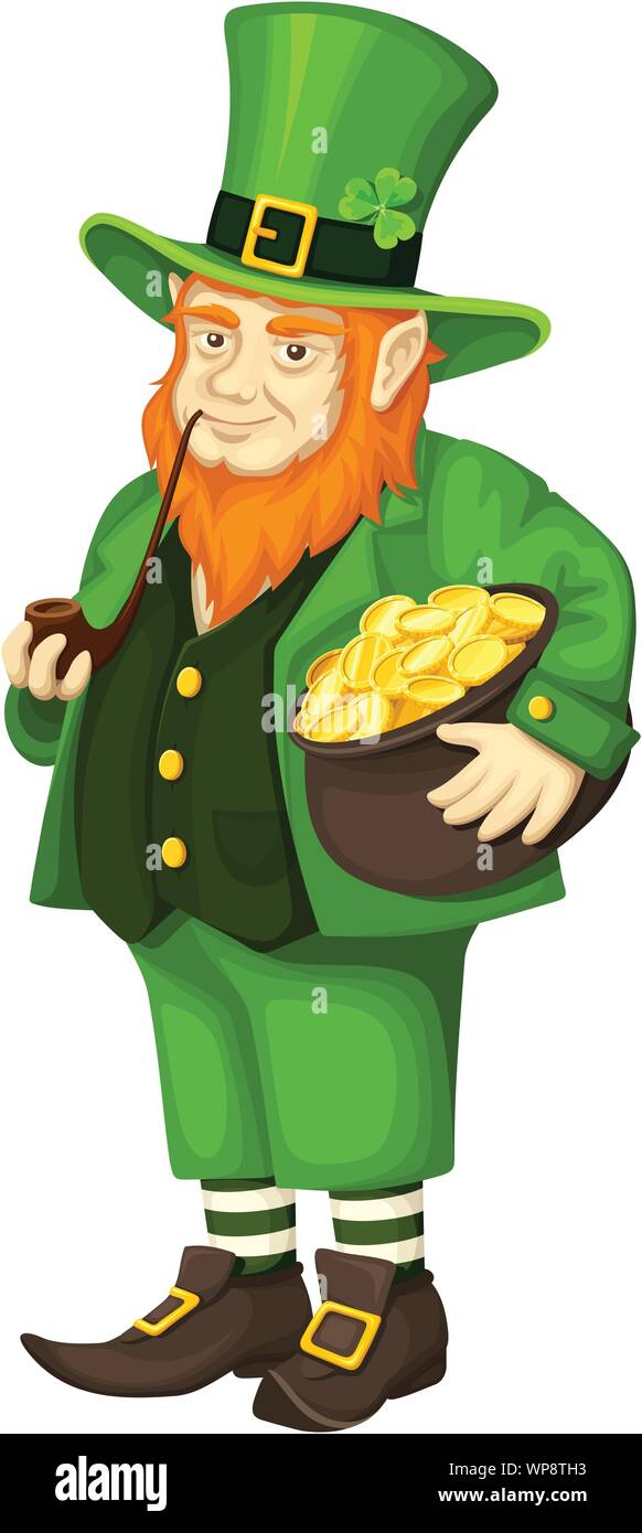 Vector Irish leprechaun in green suit with a pot of gold and a pipe isolated on a white background. Stock Vector