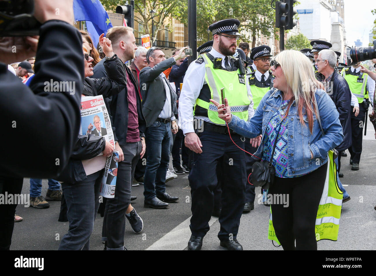 London, UK. 07th Sep, 2019. A Pro-Brexit protester confronts the anti-Brexit protesters in Westminster, London. Credit: SOPA Images Limited/Alamy Live News Stock Photo