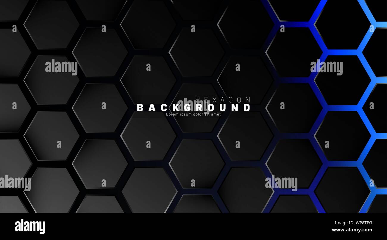 Abstract black hexagon pattern on blue neon background technology style ...
