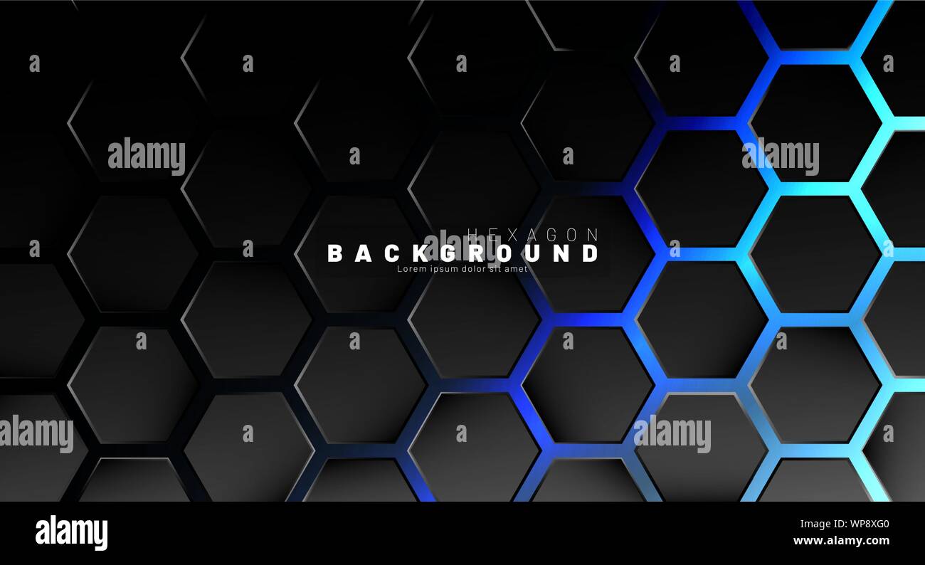 Abstract black hexagon pattern on blue neon background technology style ...