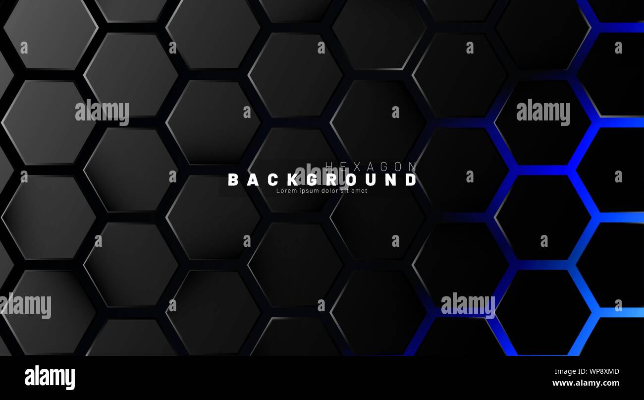 Abstract black hexagon pattern on blue neon background technology style ...