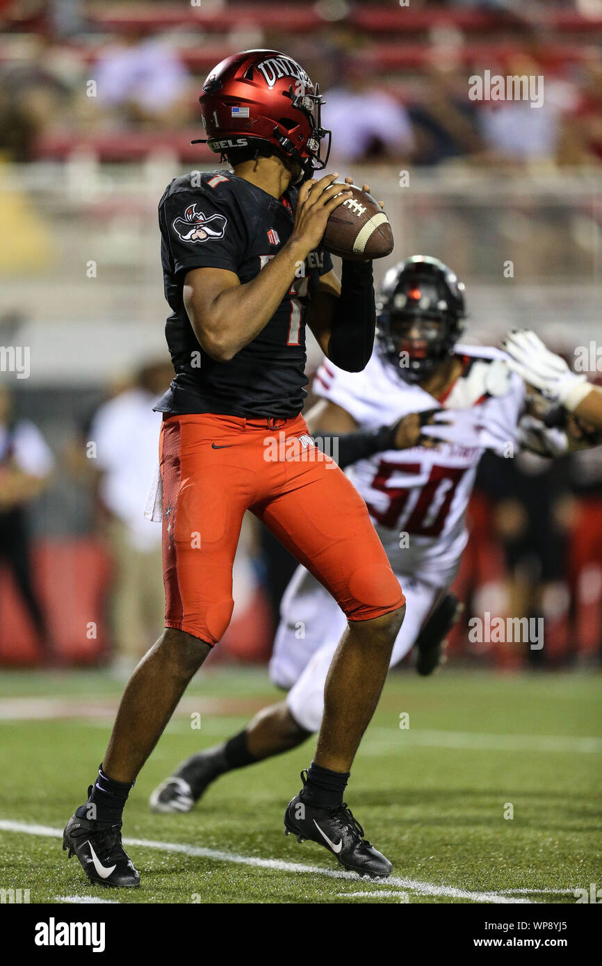 Las Vegas, NV, USA. 7th Sep, 2019. UNLV Rebels quarterback Armani Rogers (1) looks to throw the football during the NCAA Football game featuring the Arkansas State Red Wolves and the UNLV Rebels at Sam Boyd Stadium in Las Vegas, NV. The Arkansas State Red Wolves defeated the UNLV Rebels 43 to 17. Christopher Trim/CSM/Alamy Live News Stock Photo