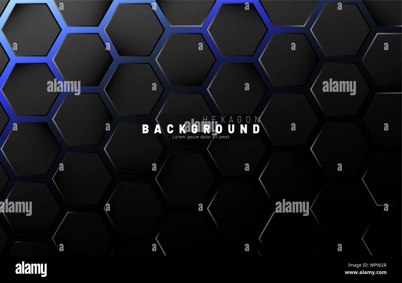 Abstract black hexagon pattern on blue neon background technology style ...