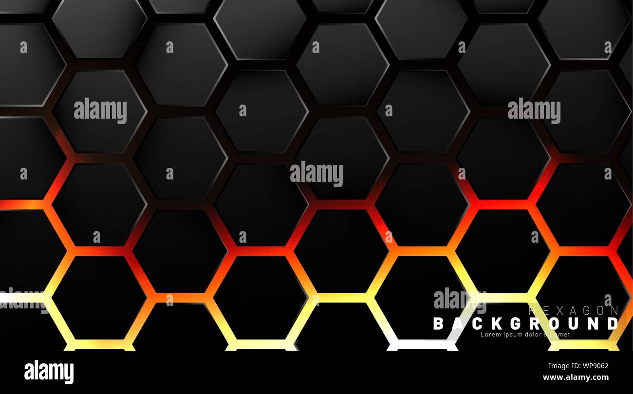 Abstract black hexagon pattern on neon gradient orange background ...
