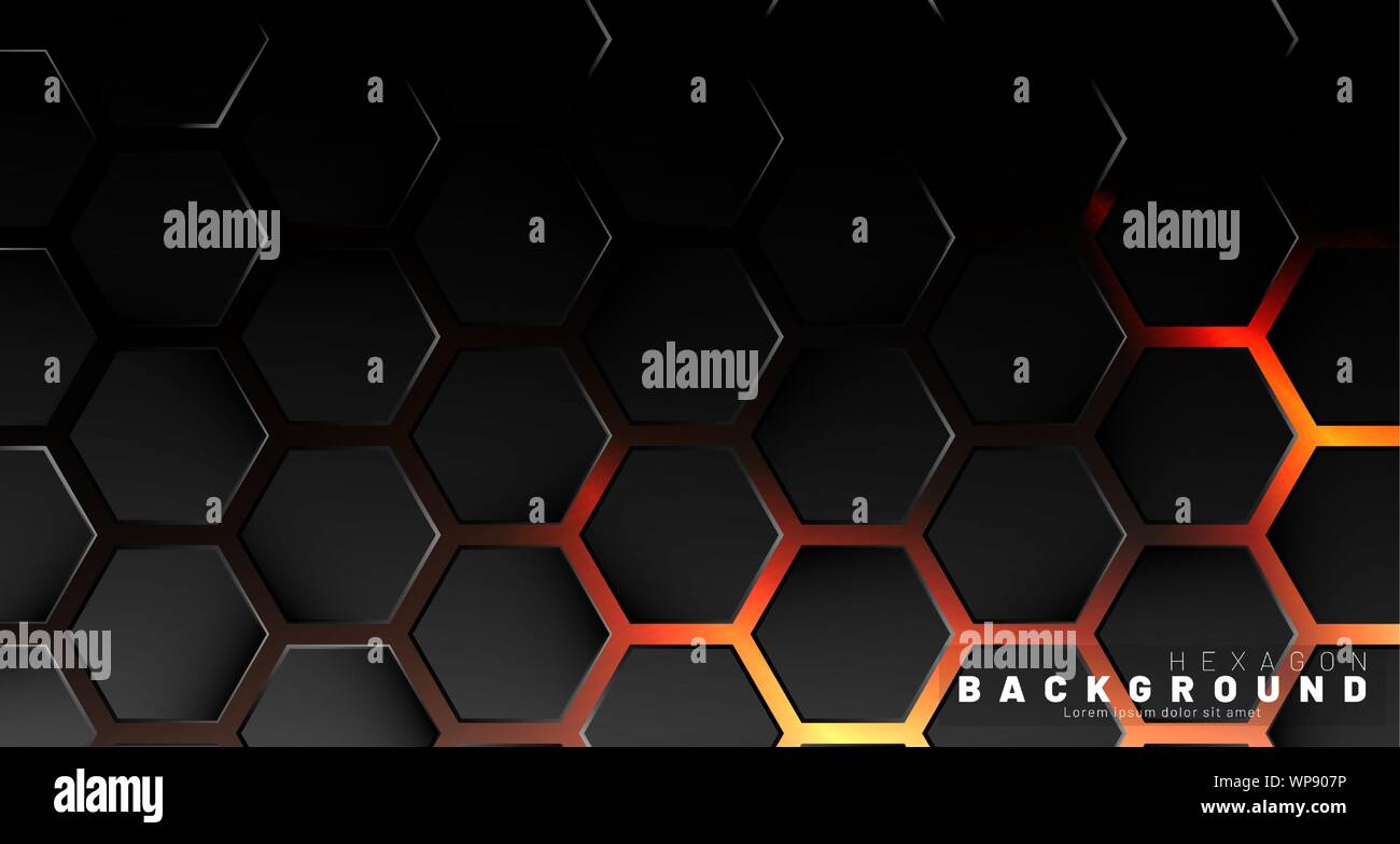 Abstract black hexagon pattern on neon gradient orange background technology style. Honeycomb. Vector illustration Stock Vector