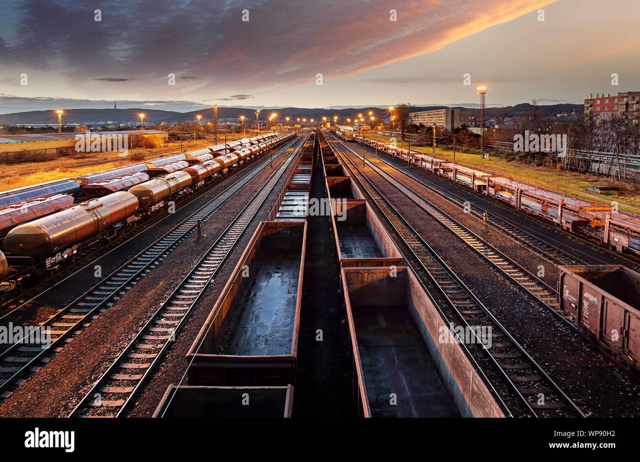 Railway station freight trains, Cargo transport Stock Photo