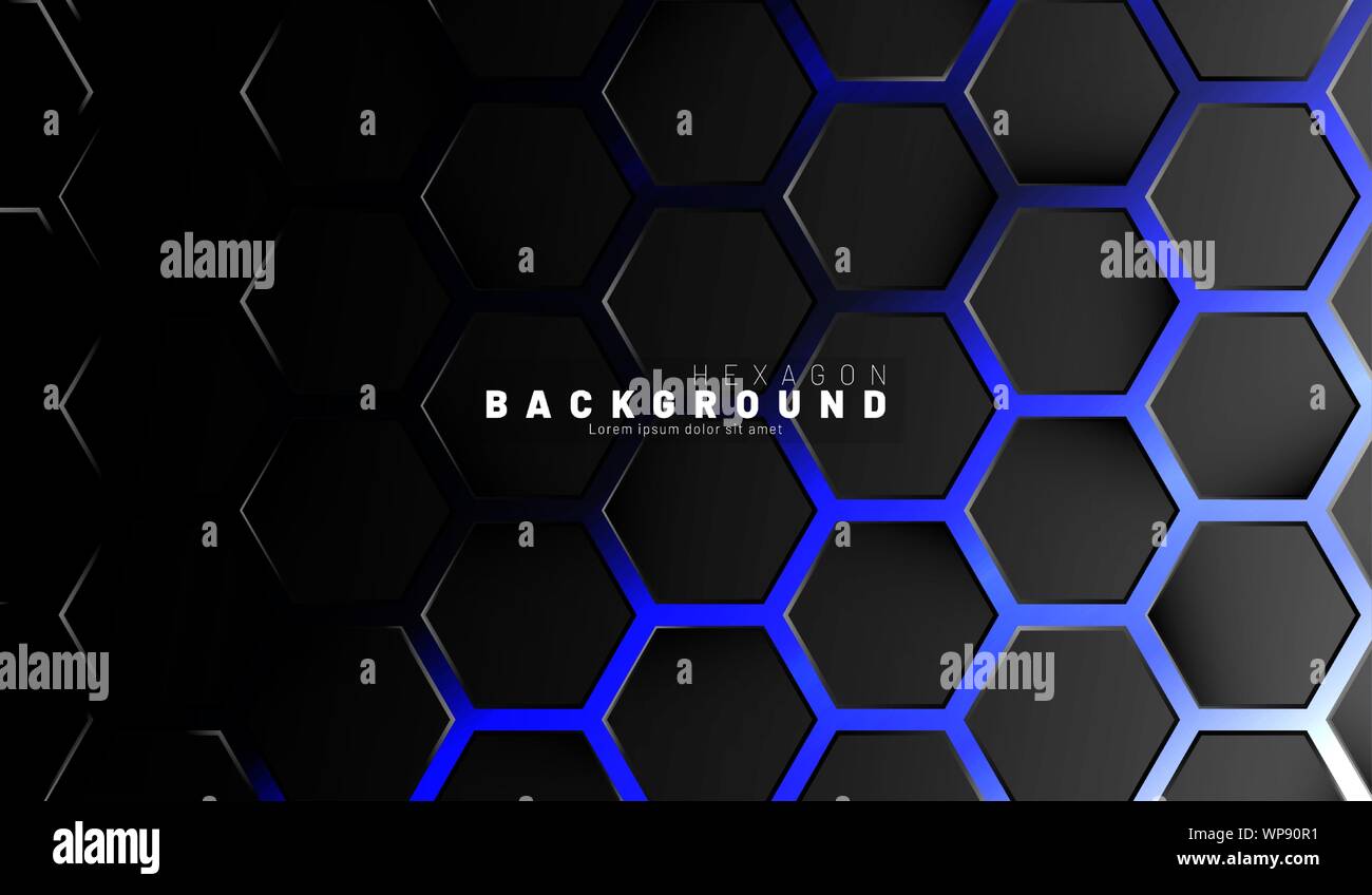 Abstract black hexagon pattern on blue neon background technology style ...
