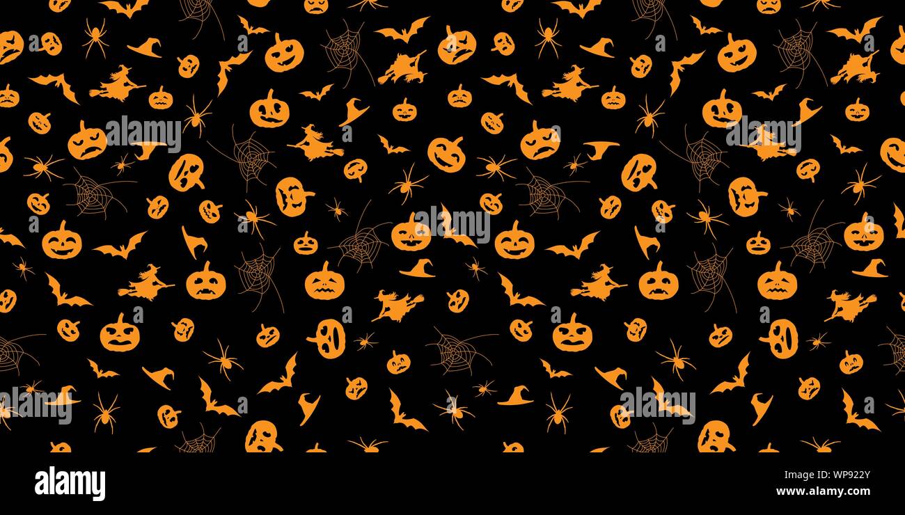 Seamless orange Halloween background with black pumpkin silhouettes, cobwebs and bats.. Suitable for textile, packaging, paper printing, simple backgr Stock Vector