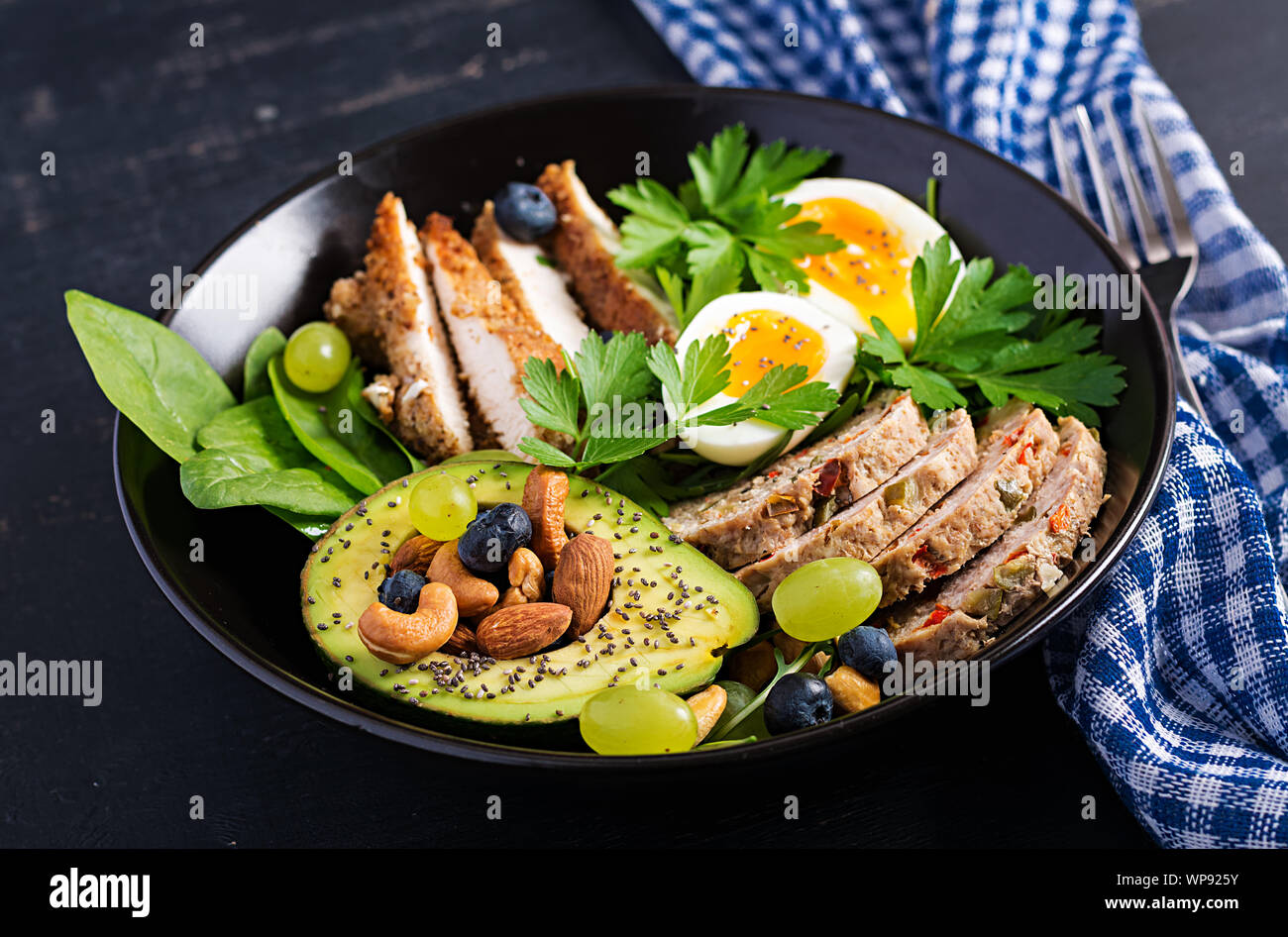 Ketogenic Diet Buddha Bowl Dish With Meatloaf Chicken Meat Avocado Berries And Nuts Detox And Healthy Concept Keto Food Stock Photo Alamy