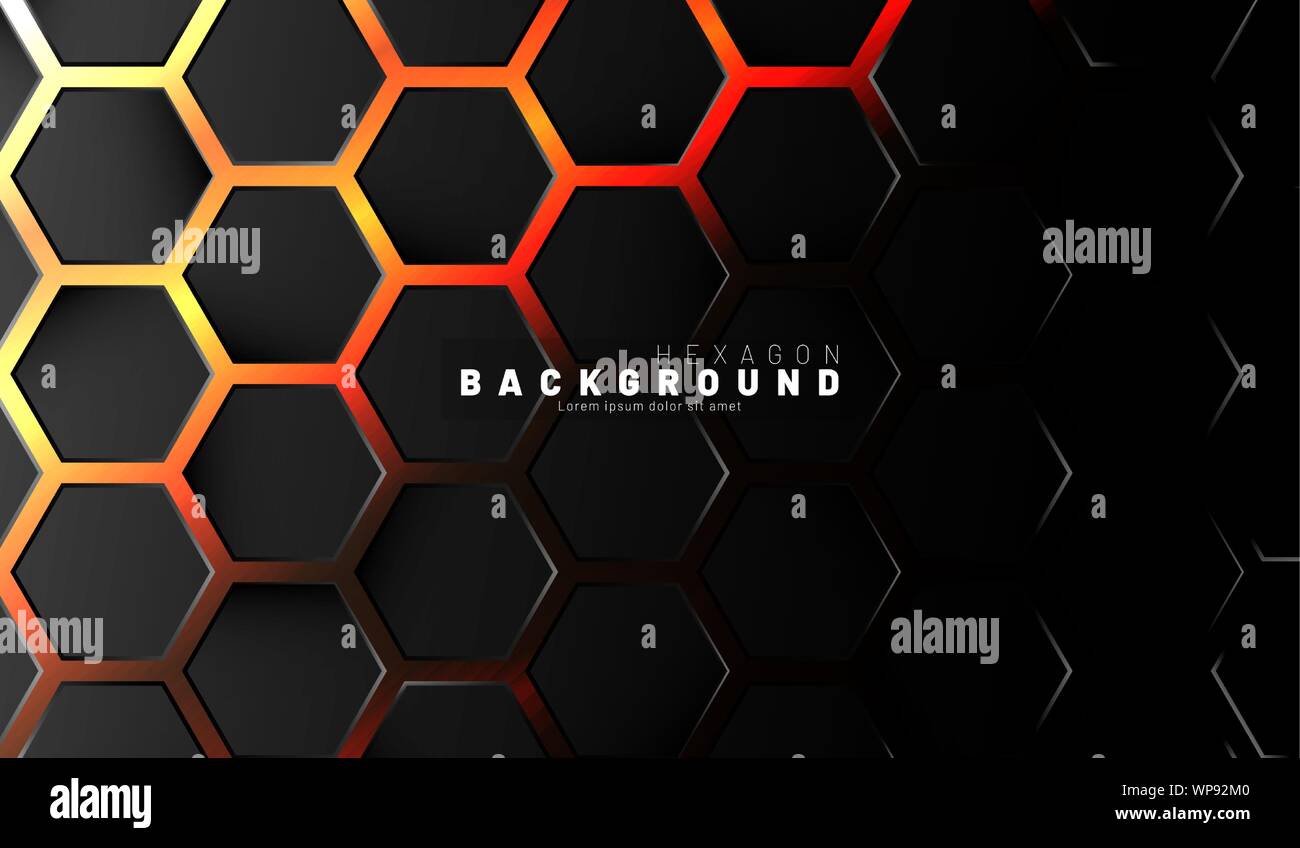Abstract black hexagon pattern on neon gradient orange background technology style. Honeycomb. Vector illustration Stock Vector