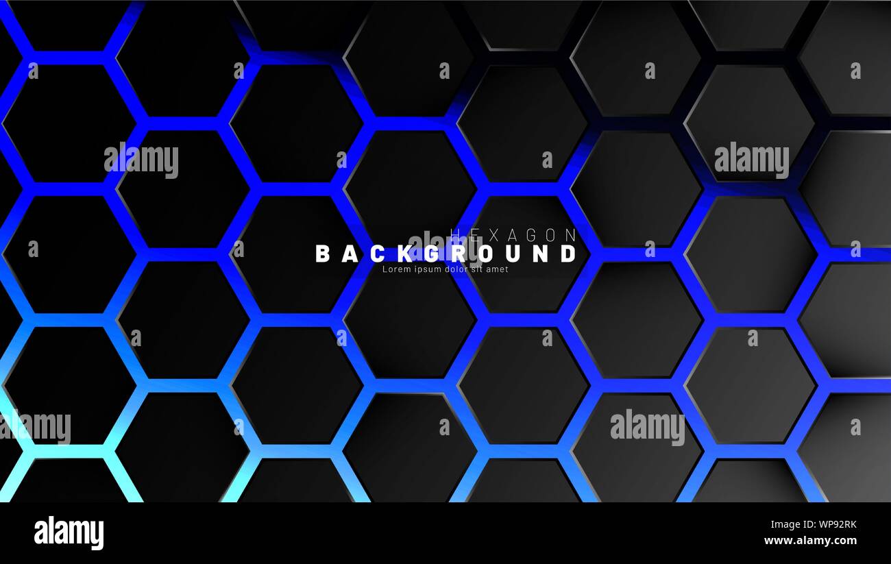 Abstract black hexagon pattern on blue neon background technology style. Honeycomb. Vector illustration Stock Vector