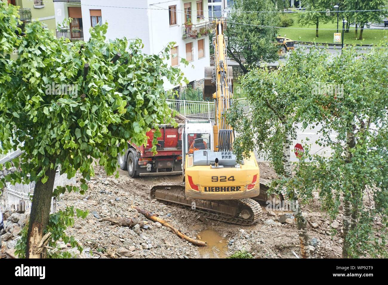 Over 200 people were evacuated from their homes in the mountain town of Casargo, Italy, after severe storms triggered landslides and flash flooding. Featuring: atmosphere Where: Casargo, Lombardy, Italy When: 07 Aug 2019 Credit: IPA/WENN.com  **Only available for publication in UK, USA, Germany, Austria, Switzerland** Stock Photo