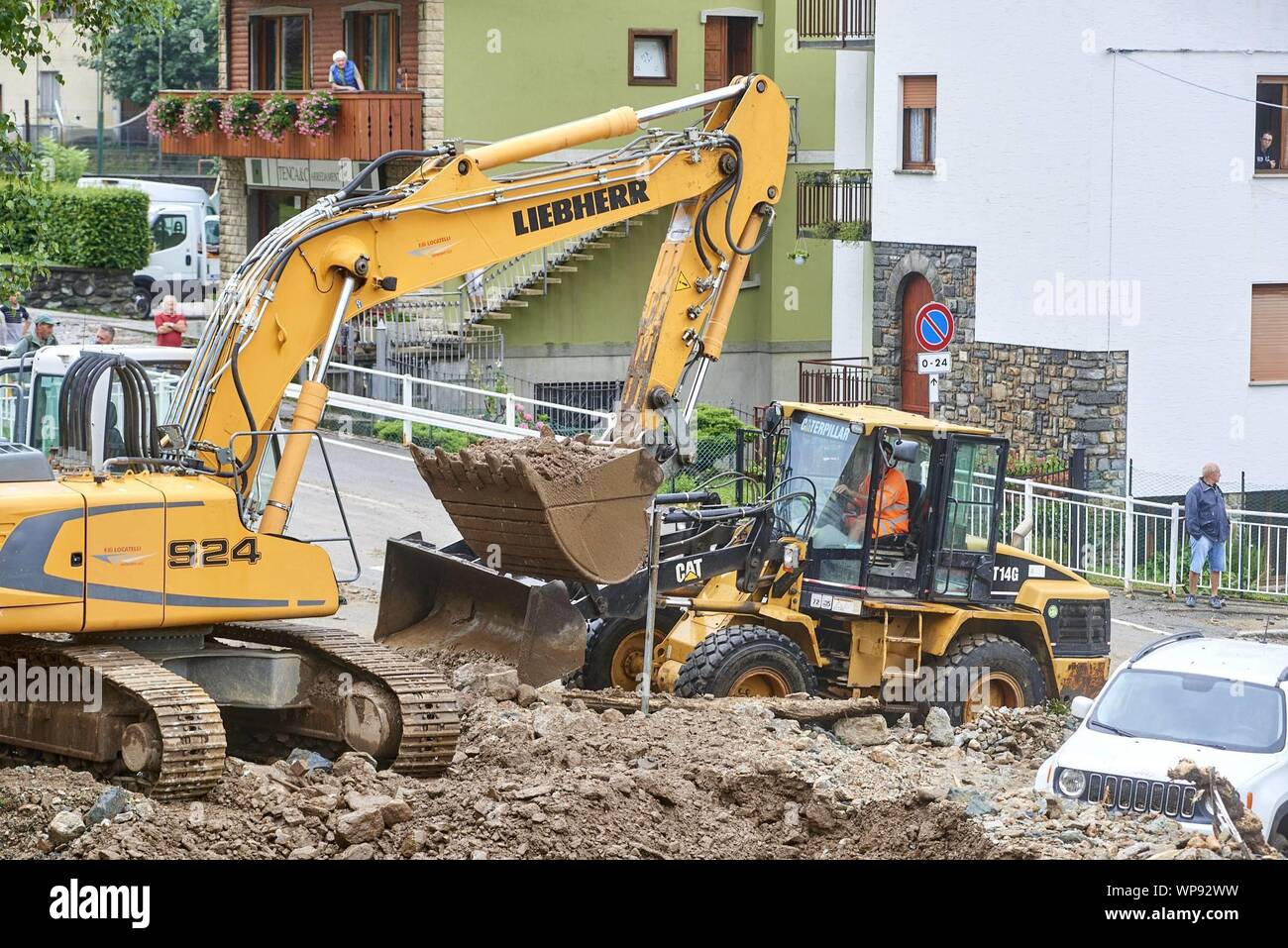 Over 200 people were evacuated from their homes in the mountain town of Casargo, Italy, after severe storms triggered landslides and flash flooding. Featuring: atmosphere Where: Casargo, Lombardy, Italy When: 07 Aug 2019 Credit: IPA/WENN.com  **Only available for publication in UK, USA, Germany, Austria, Switzerland** Stock Photo
