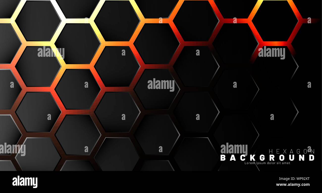 Abstract black hexagon pattern on neon gradient orange background ...
