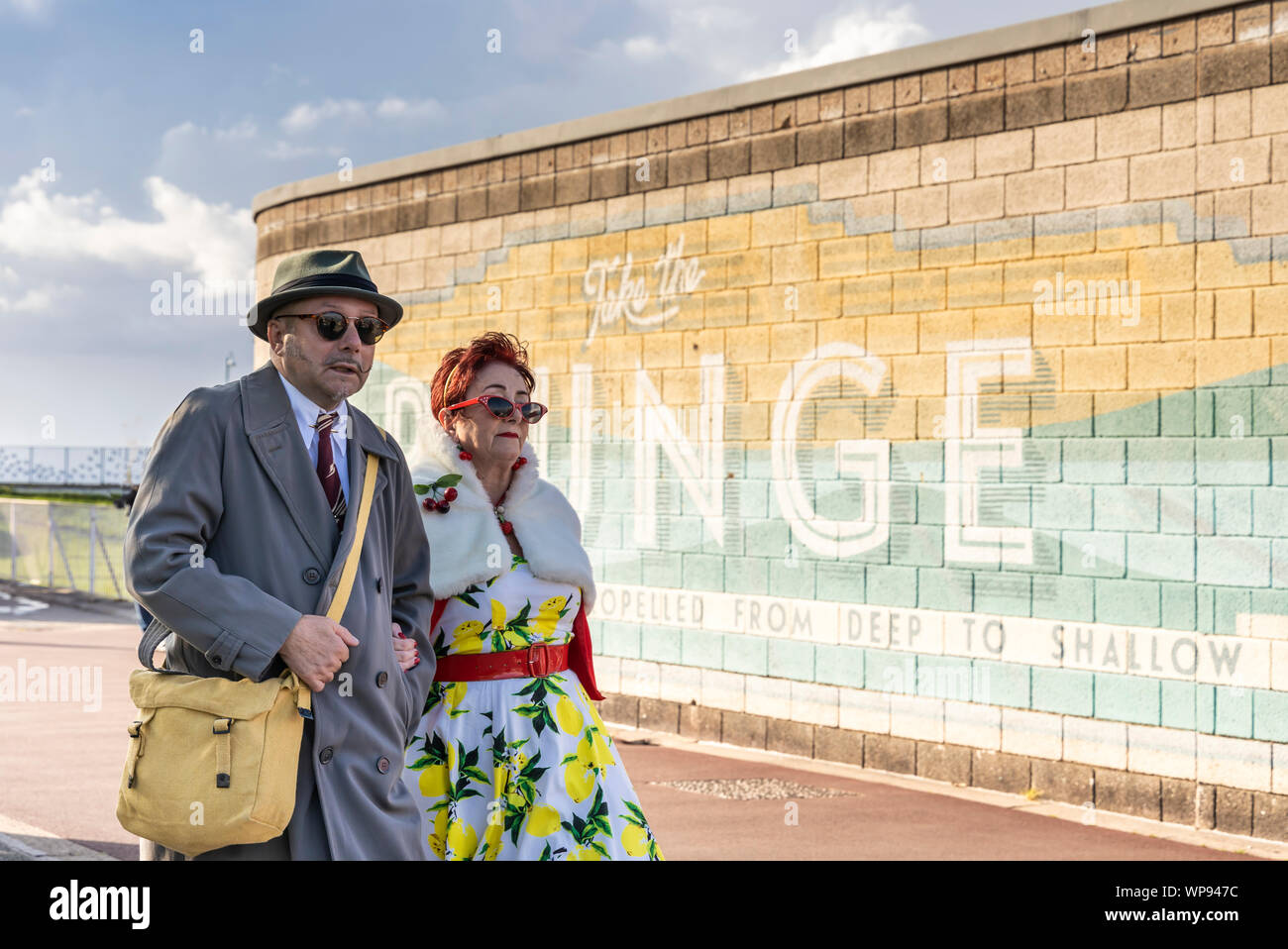 Senior couple in retro costume, participants of Vintage By The Sea festival in Morecambe, England. Stock Photo