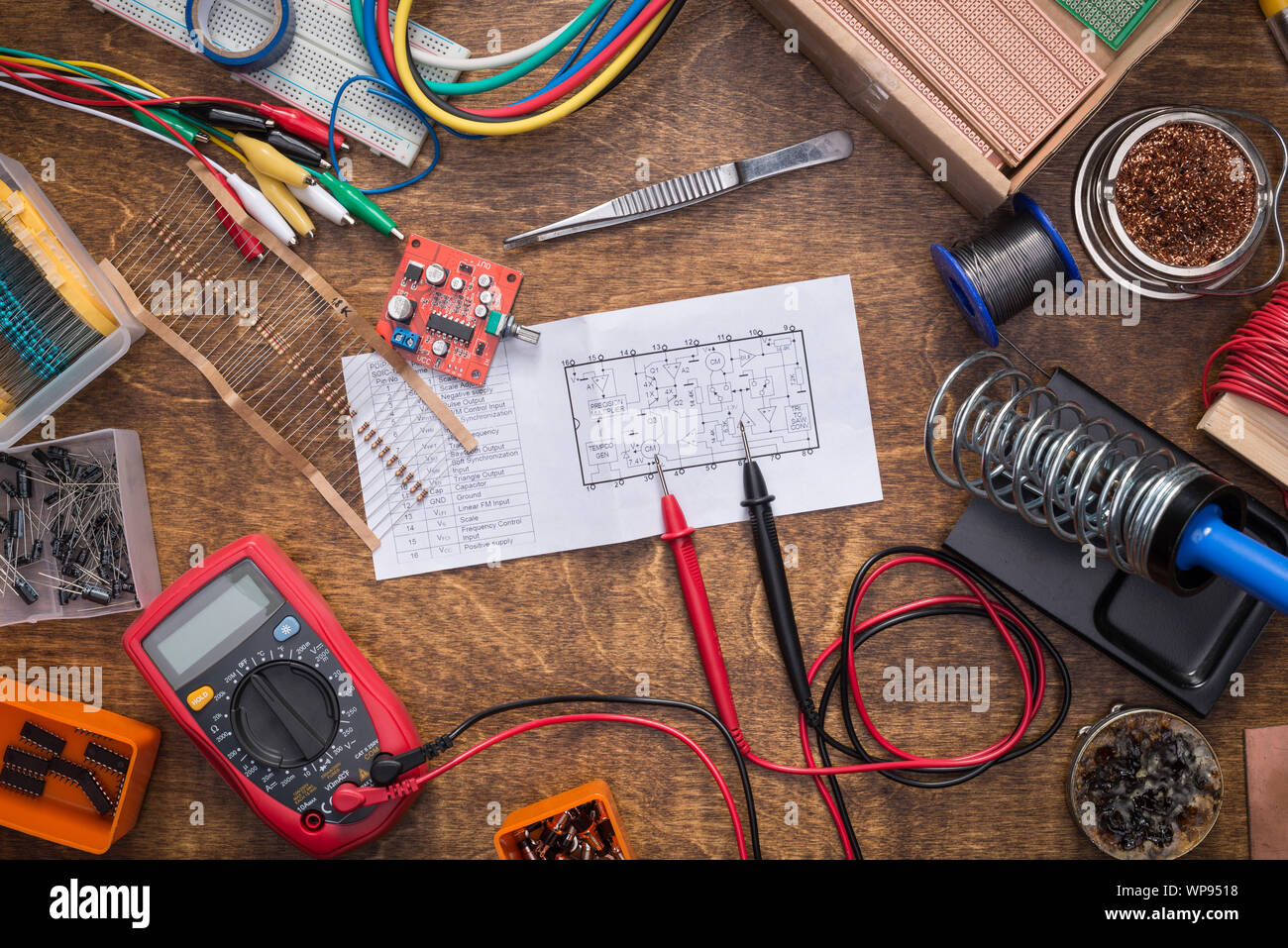Schematic diagram on the table. DIY, electronics, repair, making concept. Stock Photo