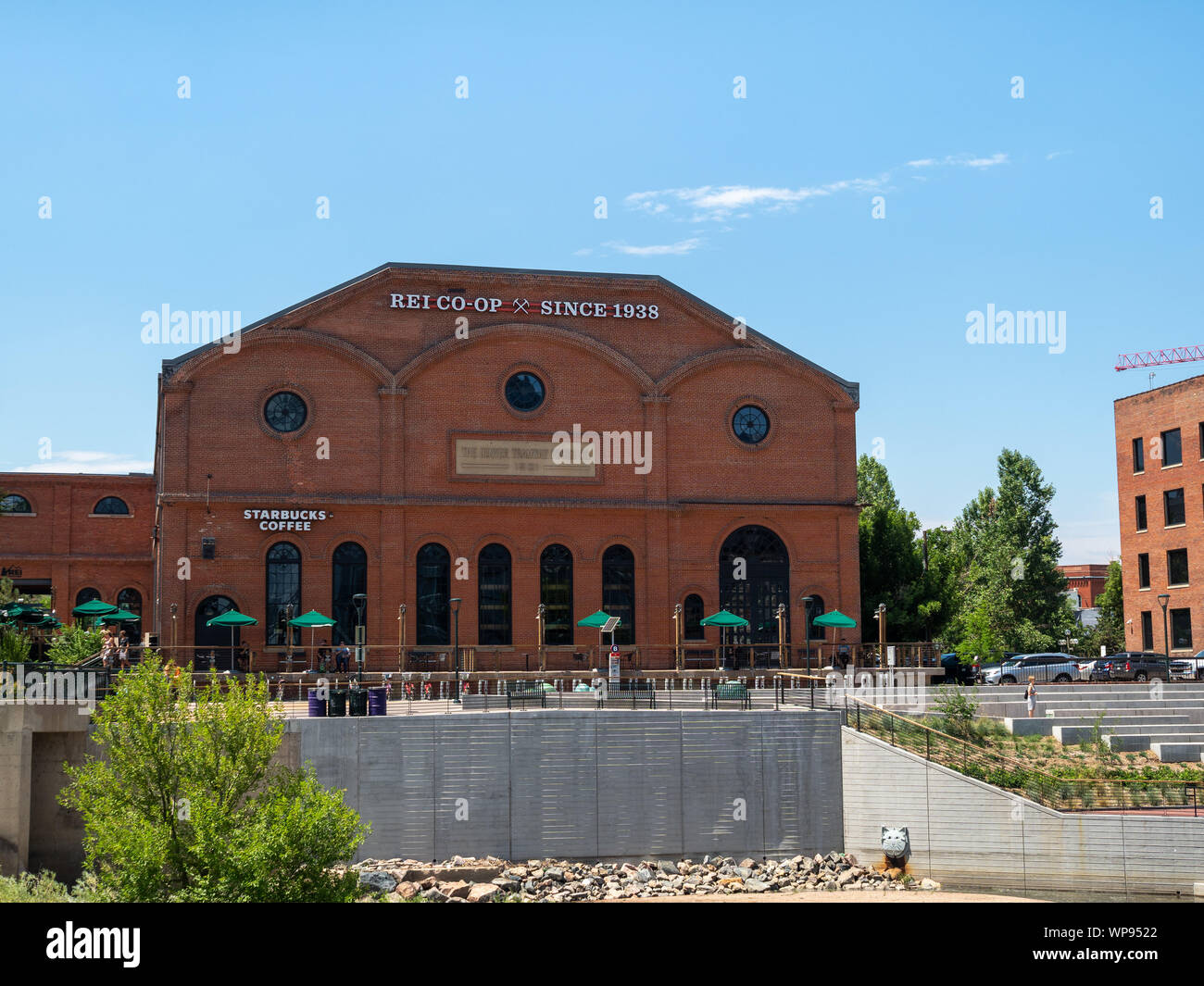 Flagship REI store in history warehouse in Denver with Starbucks Stock Photo