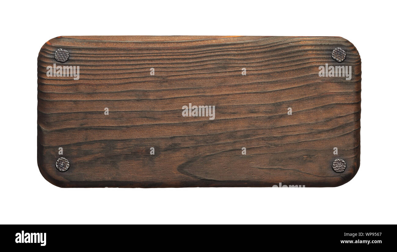 Rustic wood board with nails. Dark empty lumber sign. Stock Photo
