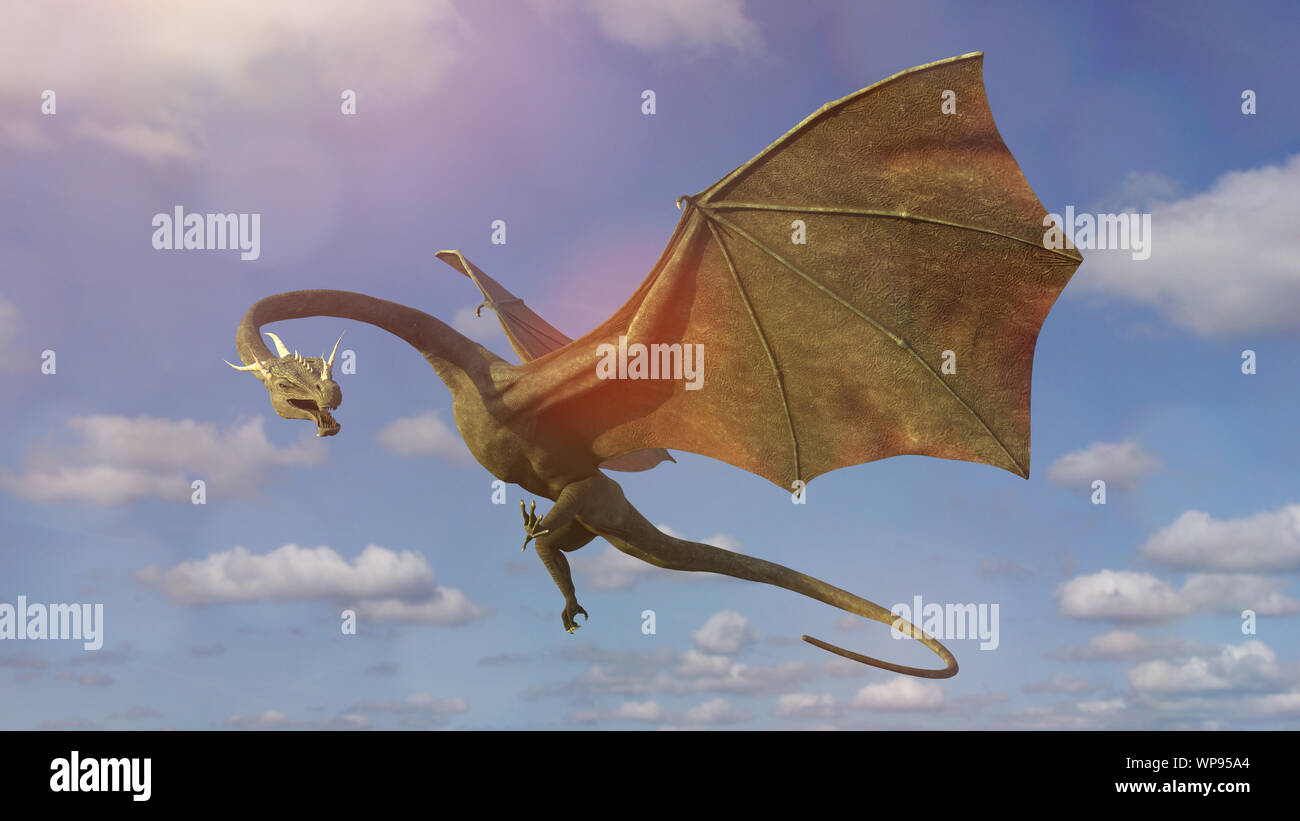 giant dragon, mythical green creature is flying Stock Photo