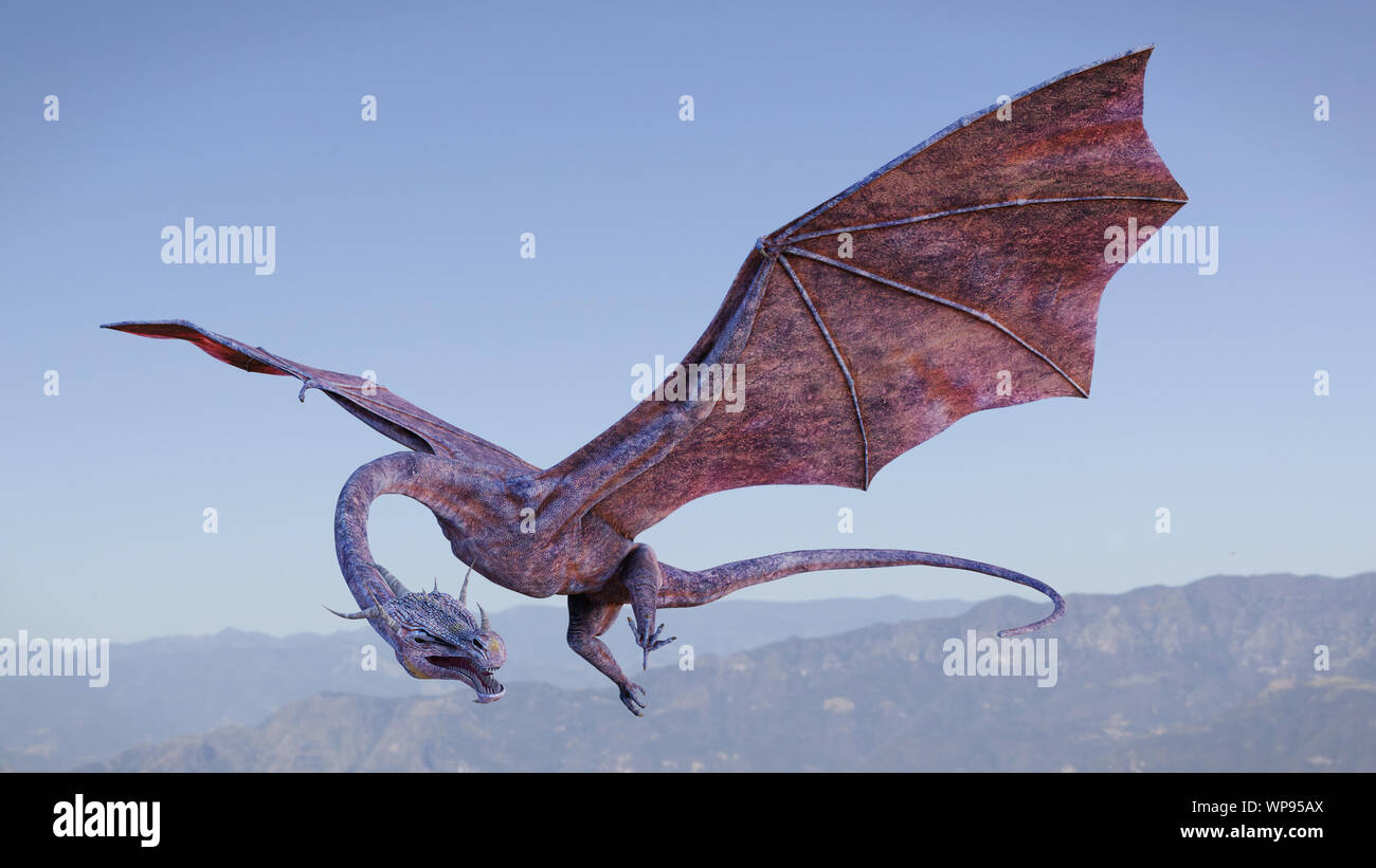 dragon, winged red creature flying over rural landscape Stock Photo