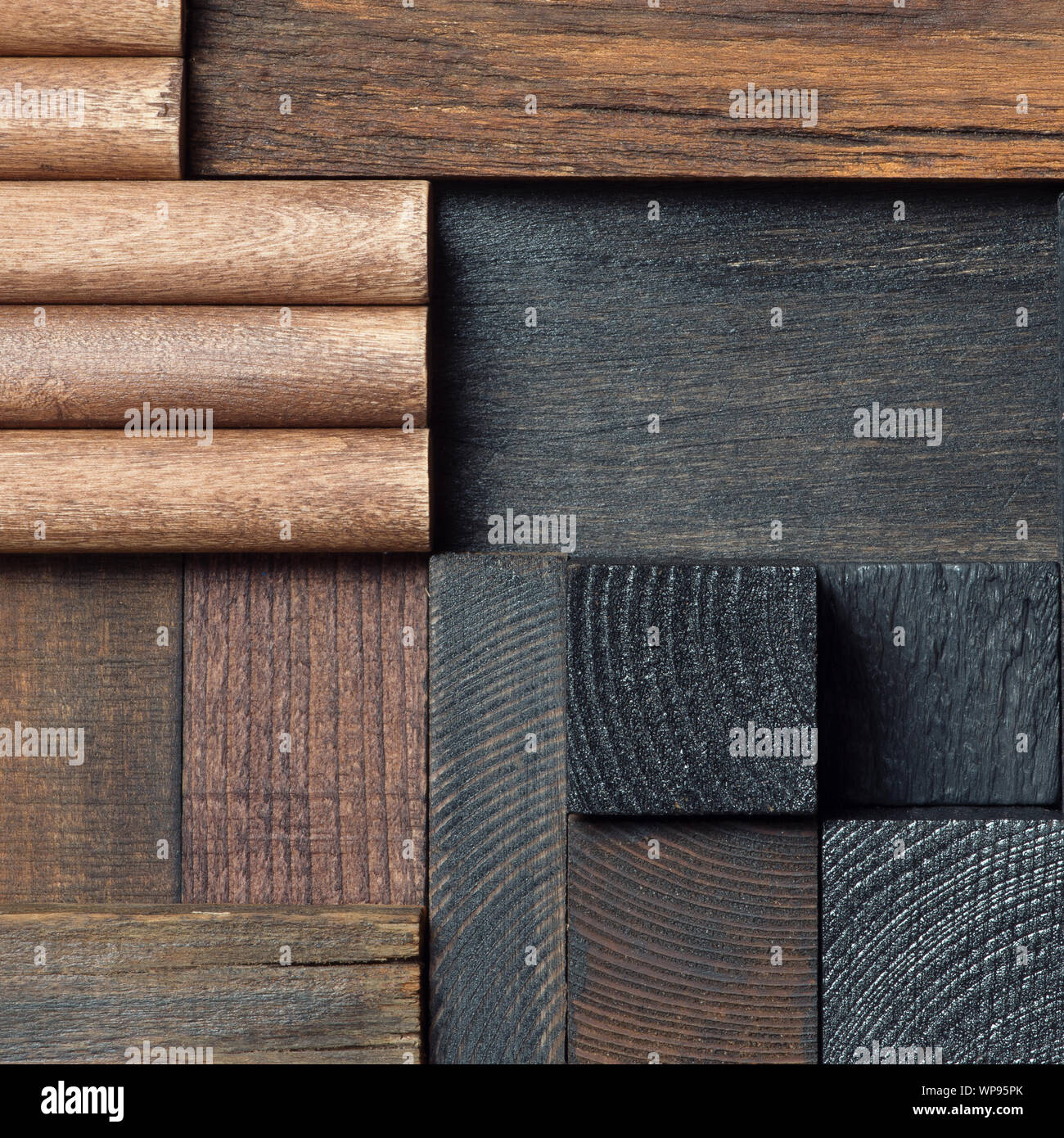 Abstract dark wood block collage background. Stock Photo