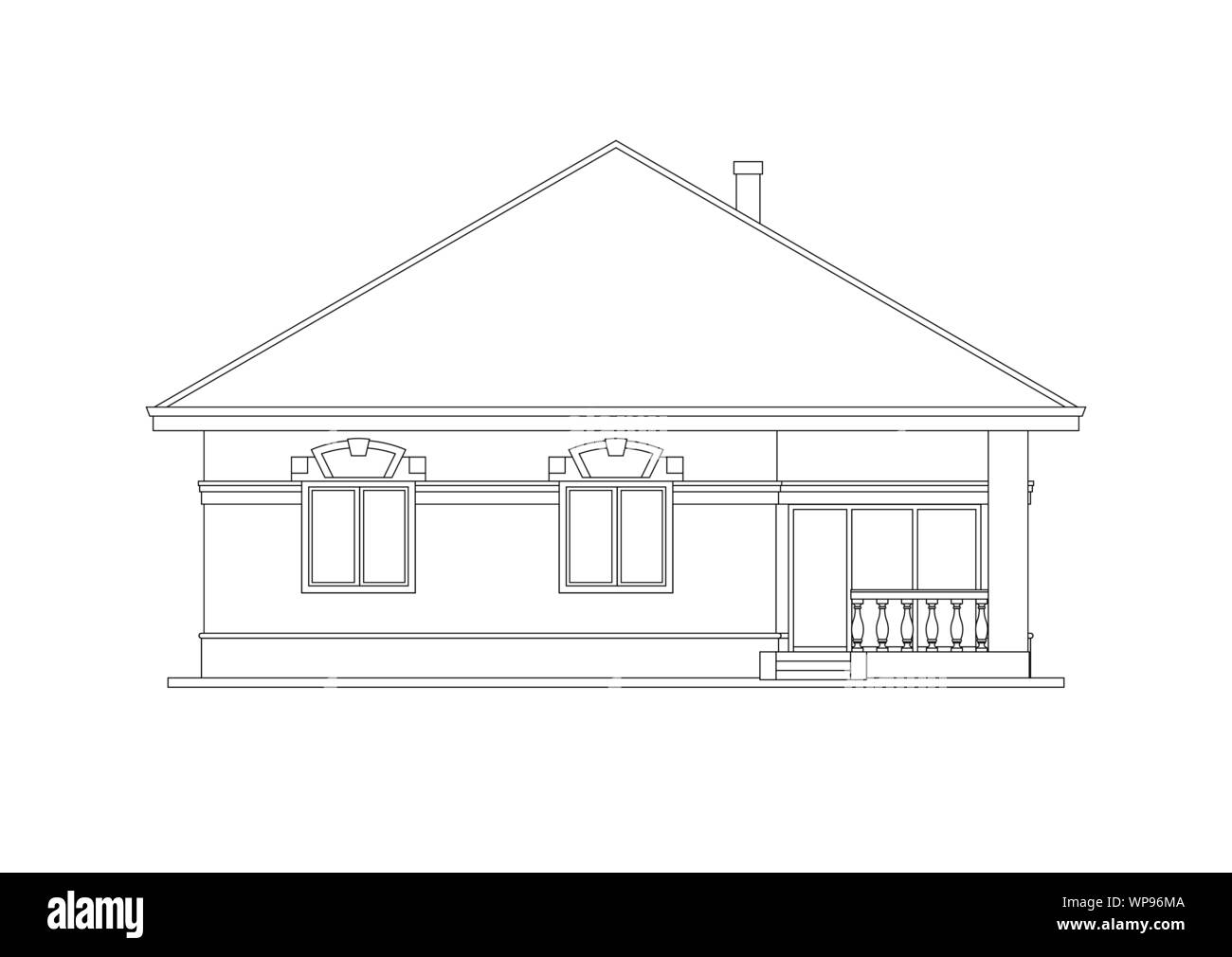 Architectural facade of a house. The drawing of the cottage. Isolated on white background. Vector black illustration EPS10 Stock Vector