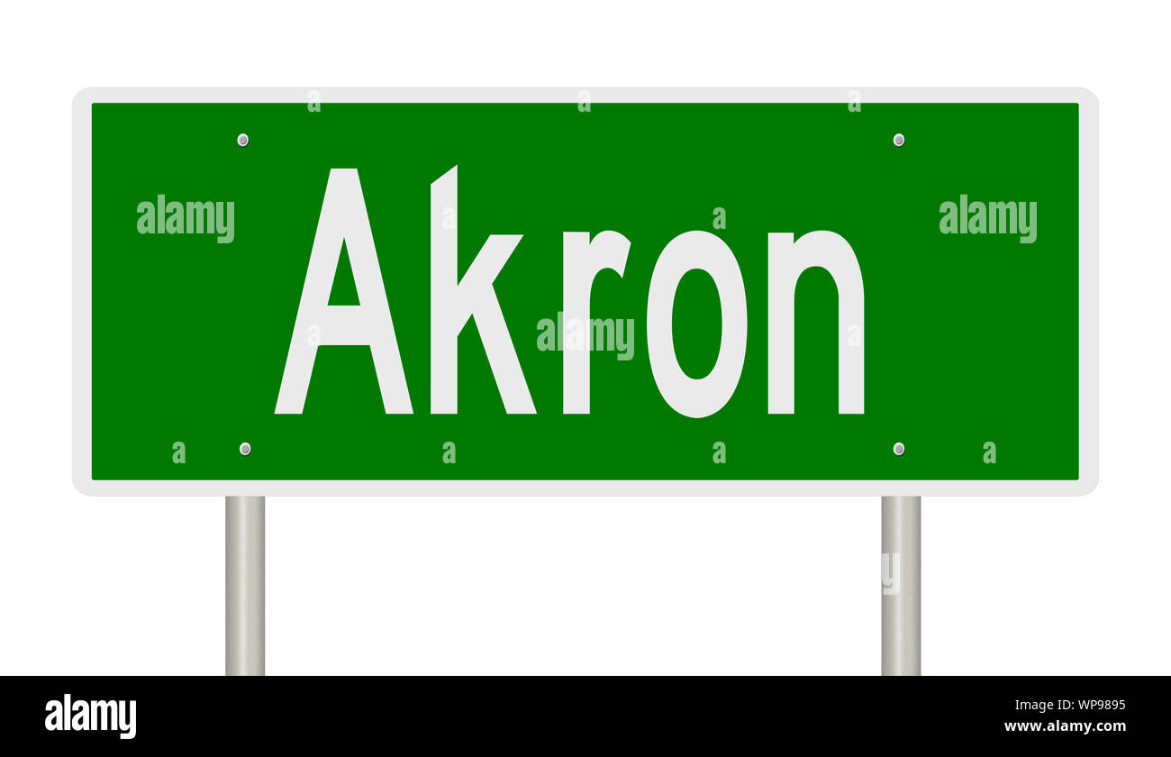 Rendering of a green highway sign for Akron Ohio Stock Photo