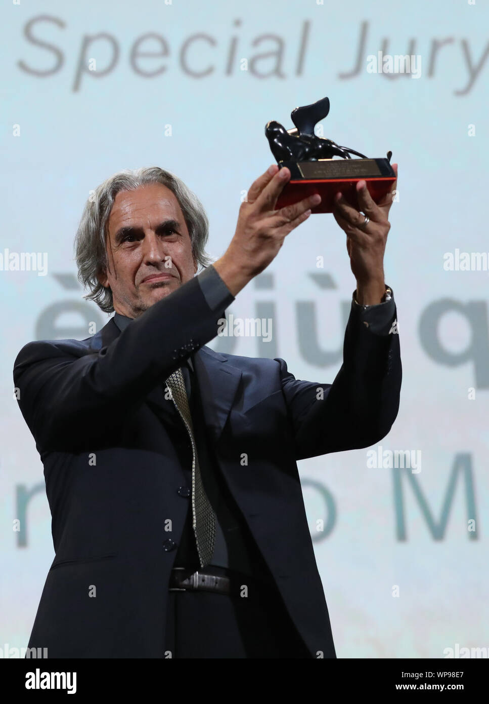 Venice, Italy. 7th Sep, 2019. Director Franco Maresco reacts after winning the Special Jury Prize at the 76th Venice International Film Festival, for his movie 'Mafia is not what it used to be', in Venice, Italy, Sept. 7, 2019. The 76th Venice Film Festival has run from Aug. 28 to Sept. 7 at the Lido of the Italian lagoon city, with 21 films in competition. Credit: Cheng Tingting/Xinhua/Alamy Live News Stock Photo